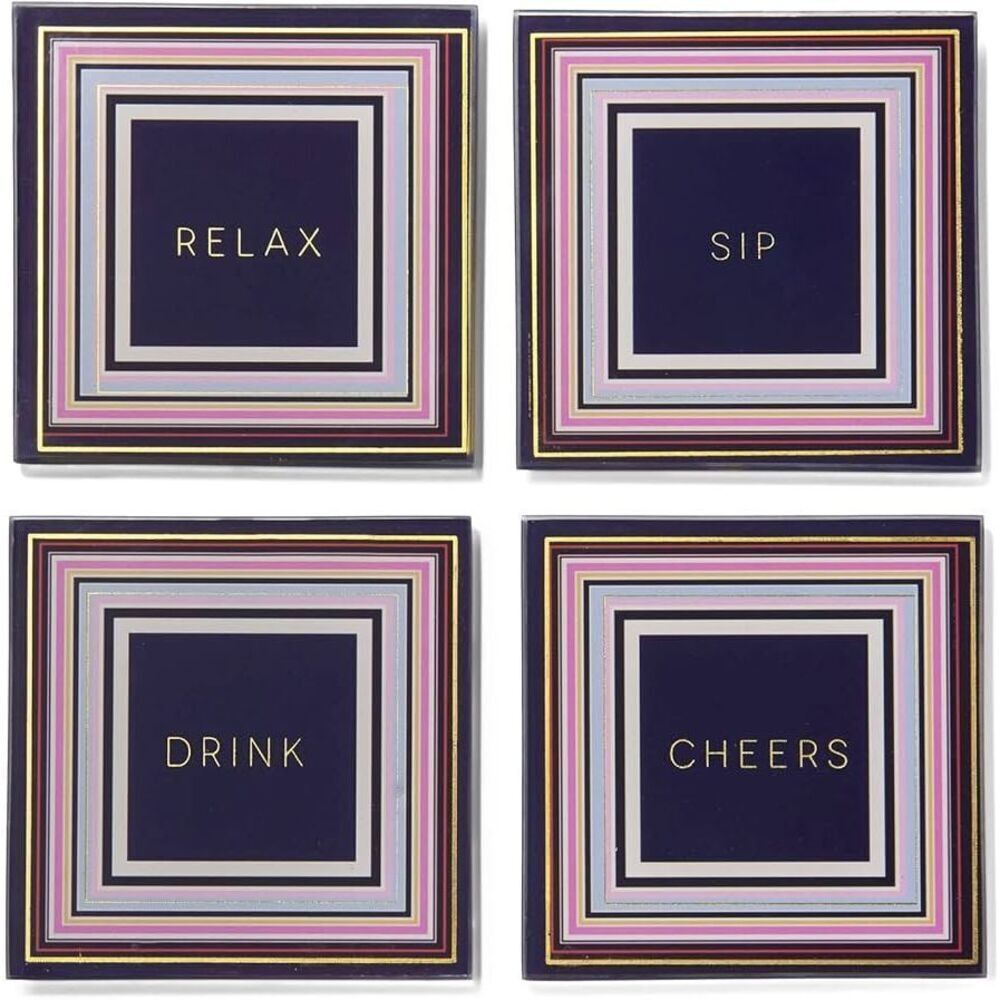 Trina Turk Glass Coasters Set 4 Gold White Bar Cart Decor Hostess Gift NWT